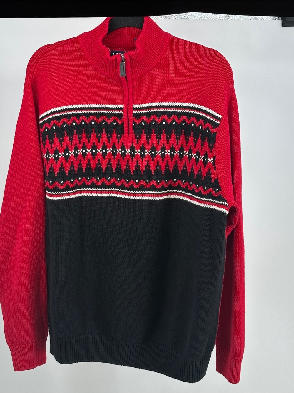 Chaps Red and Black Nordic Quarter Zip Knit Colorful Bold Sweater
